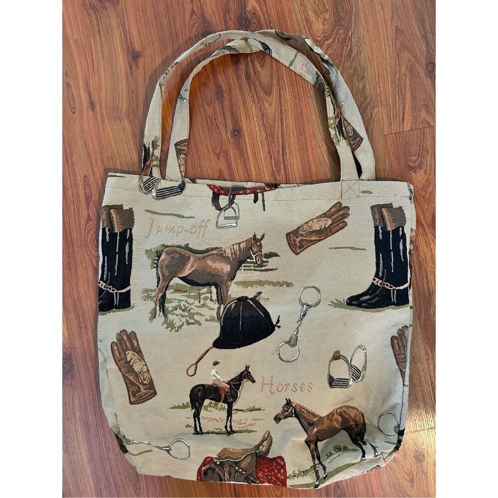 Tapestry racing horse jockey tote bag handmade vintage